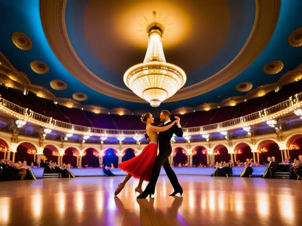 Competencia Mundial Baile Deportivo Blackpool: Elegantes bailarines compitiendo en la histórica pista de baile de la Torre Blackpool, iluminados por cálidas luces