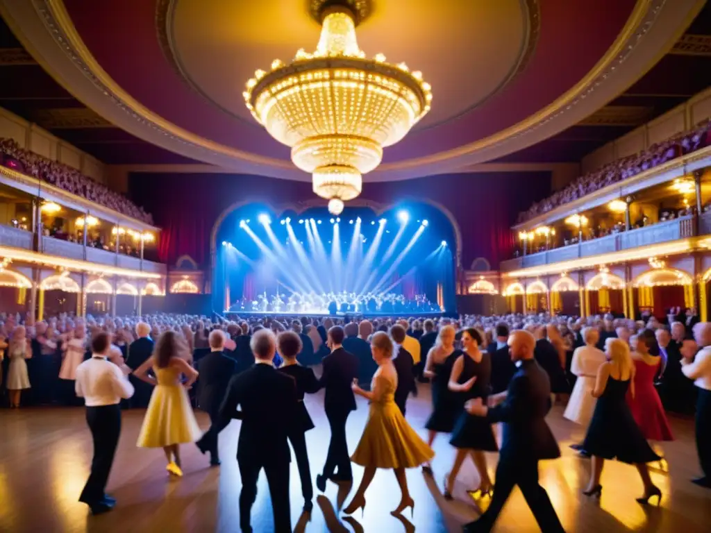 Competencia Mundial Baile Deportivo Blackpool: Vibrante competencia de baile en una deslumbrante sala de baile, con parejas en movimiento grácil