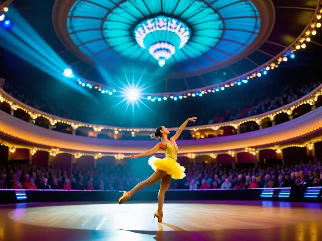 Competencia Mundial Baile Deportivo Blackpool: Espectáculo vibrante en Winter Gardens con bailarines apasionados y público elegante