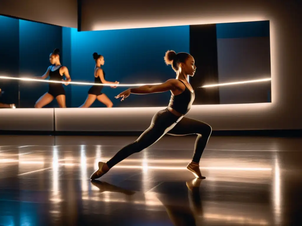 Un bailarín hábil ejecuta una compleja danza con precisión y concentración en un estudio de danza iluminado