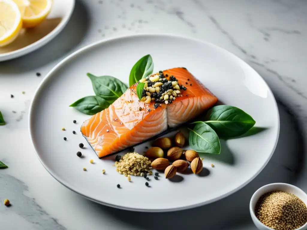 Una composición detallada de alimentos ricos en omega-3: salmón, semillas de chía, linaza, nueces y espinacas en un plato blanco