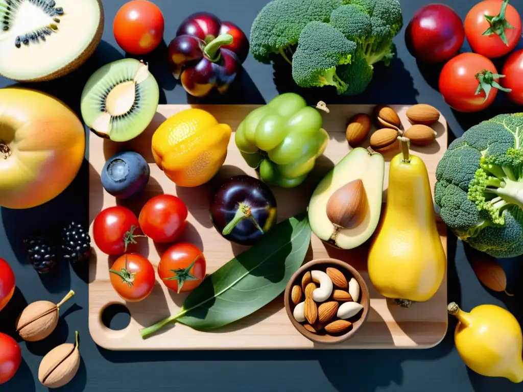 Una composición vibrante de frutas, frutos secos y verduras en tabla de madera para acelerar recuperación muscular