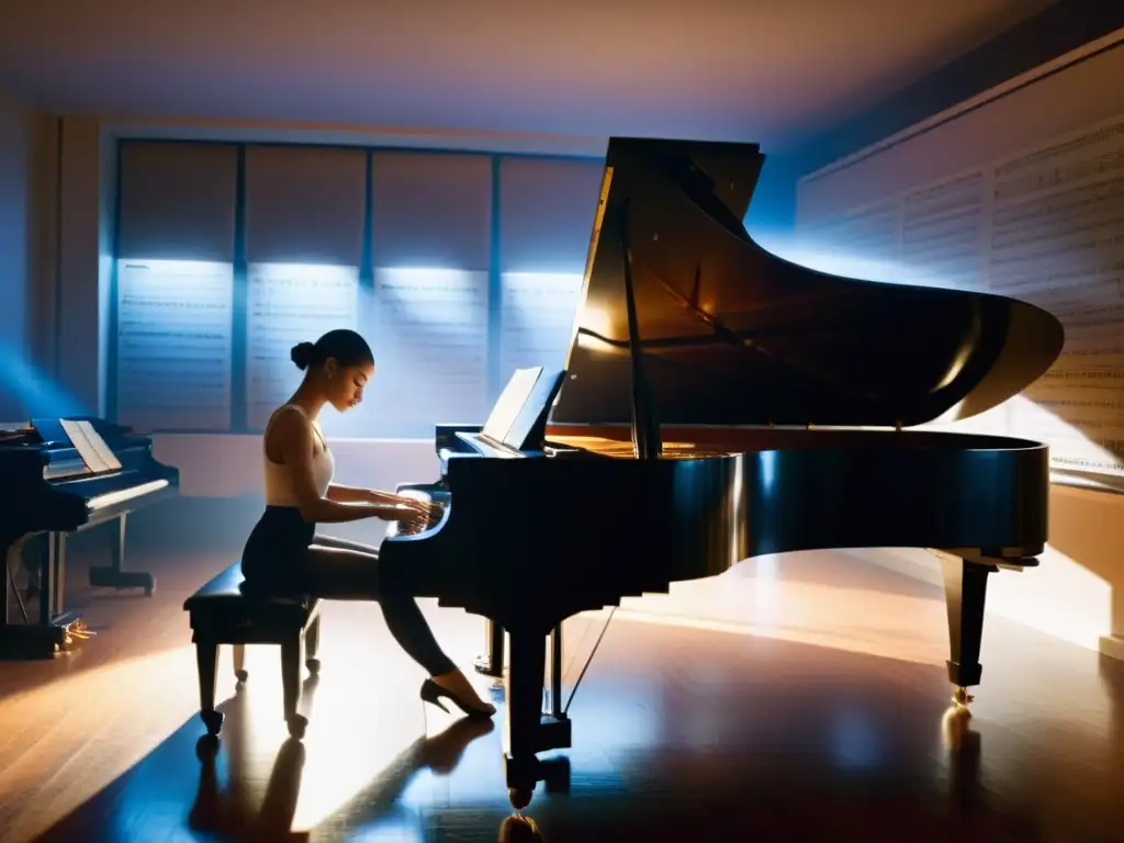 Compositor concentrado en piano, partituras y bailarines en estudio con iluminación tenue