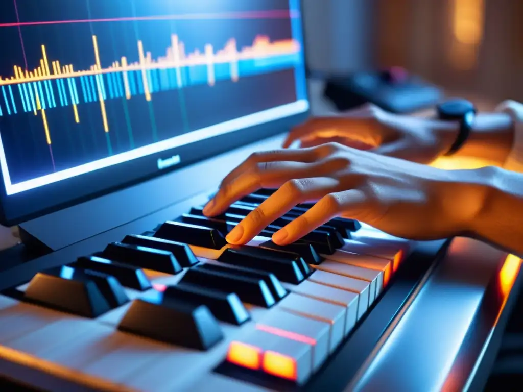 Un compositor enfocado en su estación de trabajo, creando música de danza con pasión