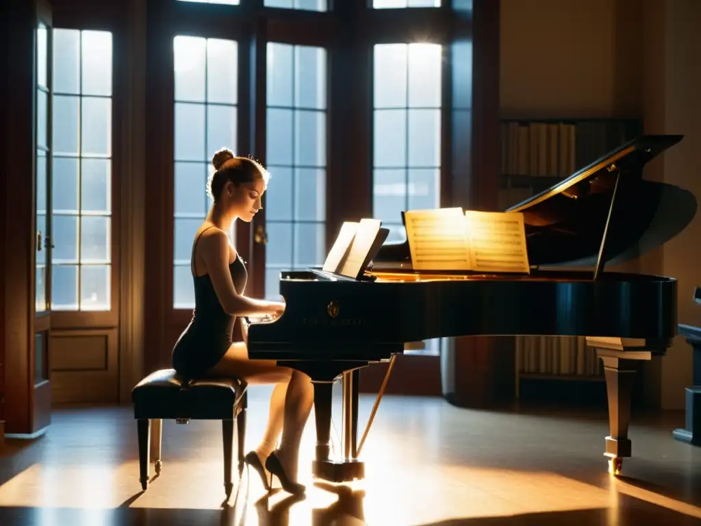 Un compositor de ballet crea una melodía cautivadora en un estudio iluminado por la tarde