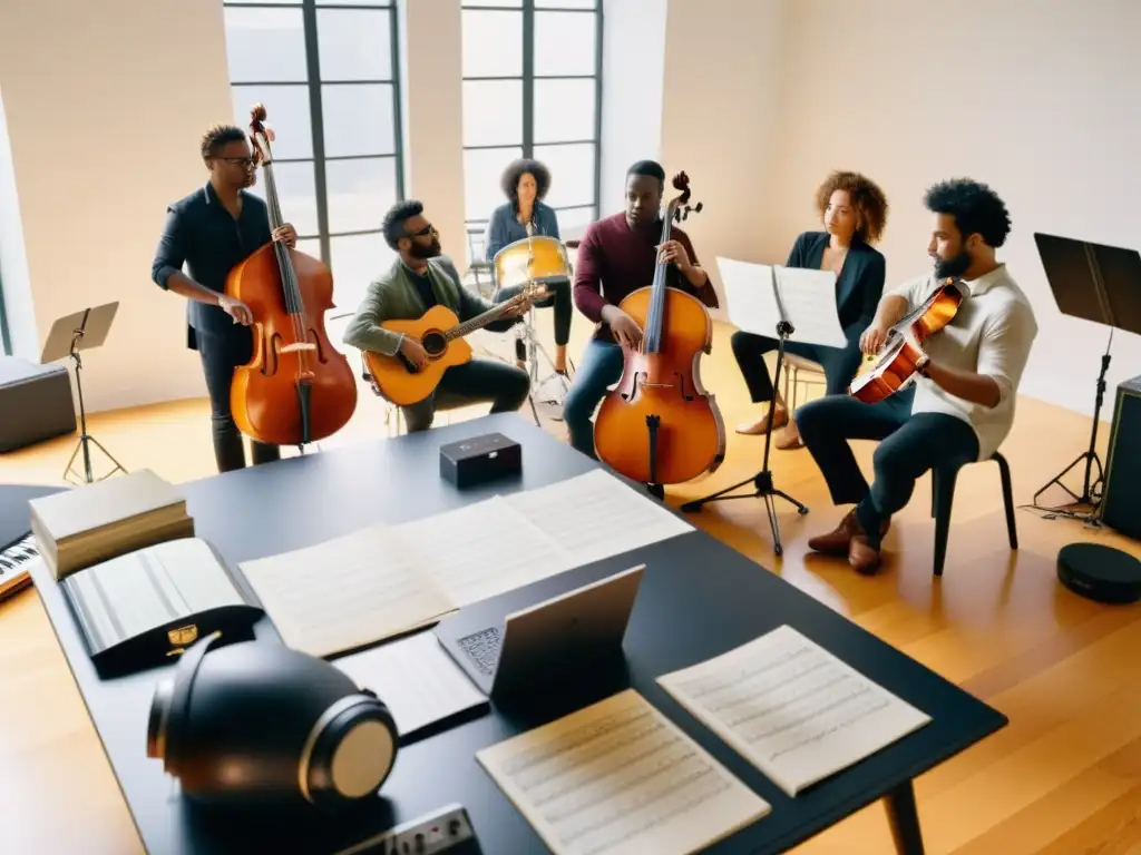 Compositores y músicos colaborando en estudio, rodeados de instrumentos, creando música