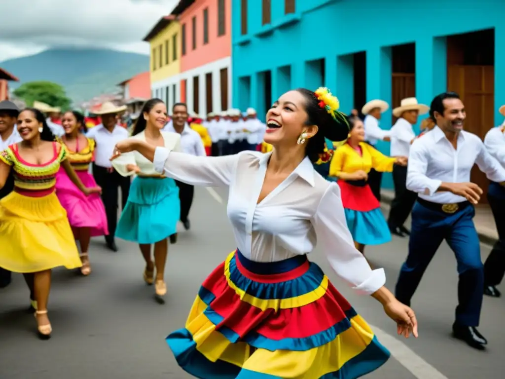 Comunidad de diáspora colombiana conservando la cumbia en el extranjero, danzando con pasión y colorido atuendo tradicional