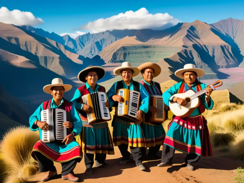 Concierto de música andina en paisaje andino, músicos con trajes coloridos