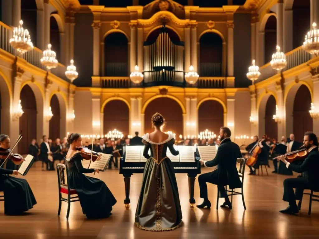 Concierto barroco en una sala histórica iluminada por velas, influencia de la sarabanda y chacona