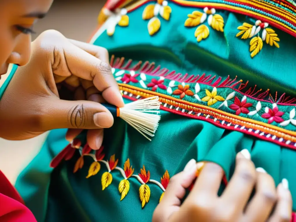 Confección de trajes de danza autóctonos: manos expertas bordando patrones vibrantes en un traje tradicional, mostrando maestría y herencia cultural