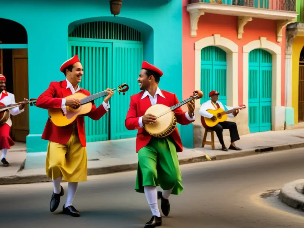 Conjunto de contradanza cubana con músicos, vestimenta colorida y energía en la calle de La Habana