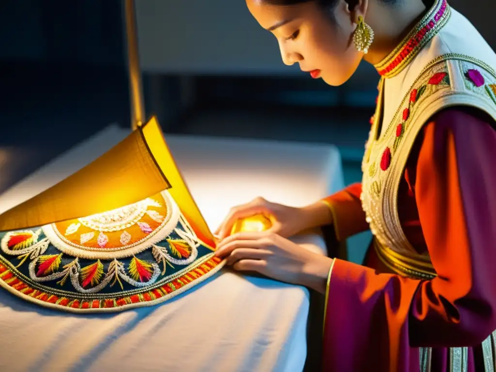 Un conservador examina con cuidado un traje de danza tradicional en un laboratorio de conservación, destacando la artesanía y la importancia cultural