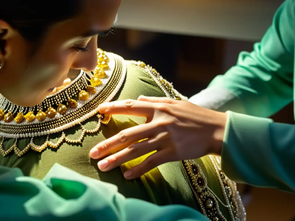 Un conservador restaura con delicadeza un traje de danza histórico, resaltando su rica historia y la habilidad en la conservación de prendas