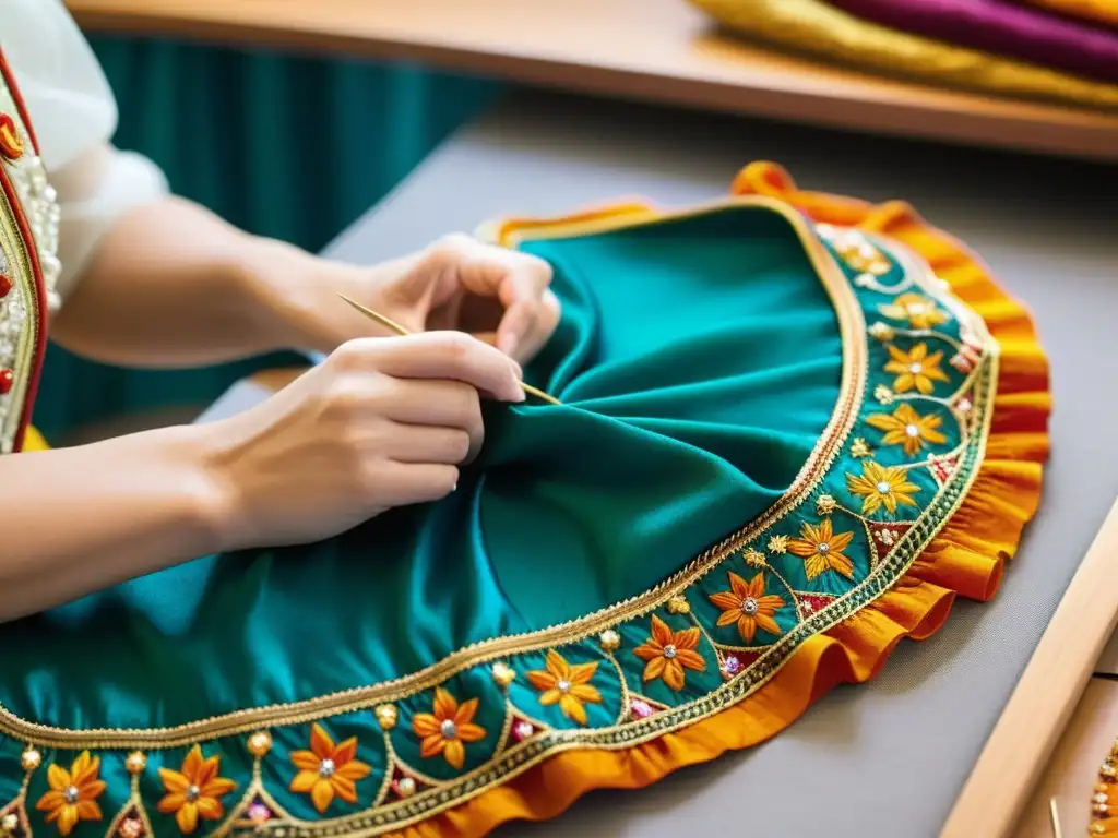 Conservador cosiendo réplica de traje de danza histórico con detalle y dedicación