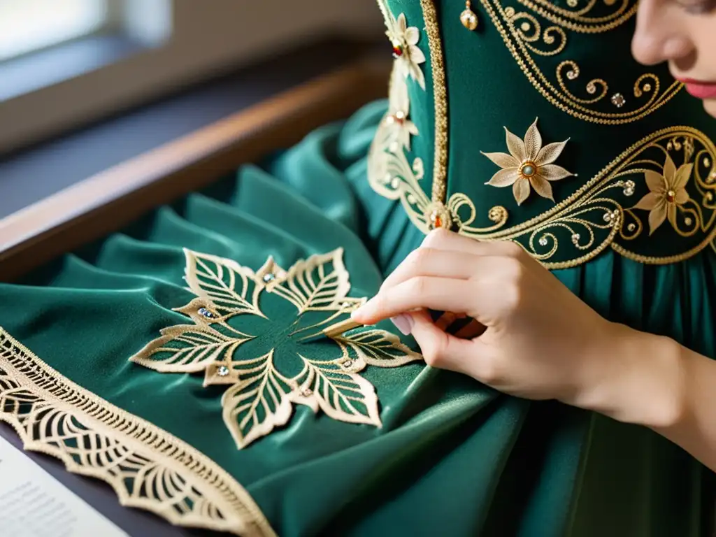 Conservador restaurando trajes de danza históricos con cuidado y detalle en estudio de conservación de museo