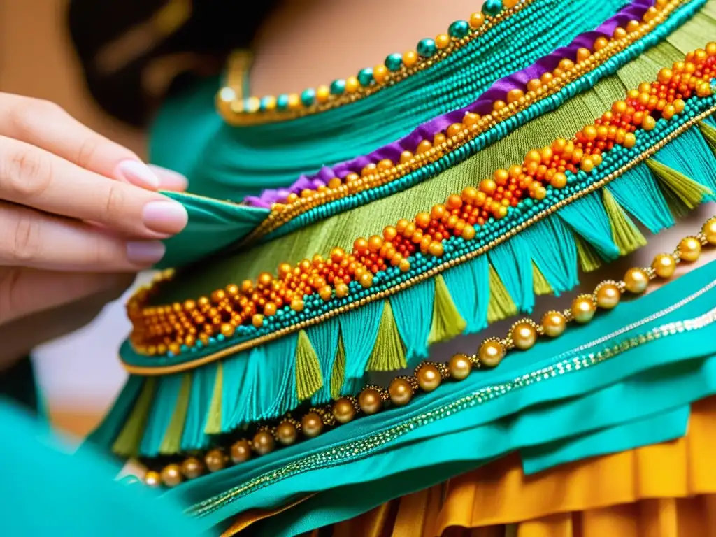 Una costurera hábil trabaja meticulosamente en la creación de un auténtico traje de danza, resaltando la artesanía y el proceso creativo único