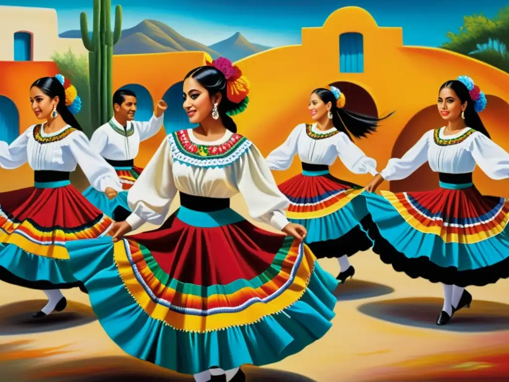 Cuadro de baile folklórico mexicano con colores vibrantes y movimiento dinámico, capturando la energía cultural