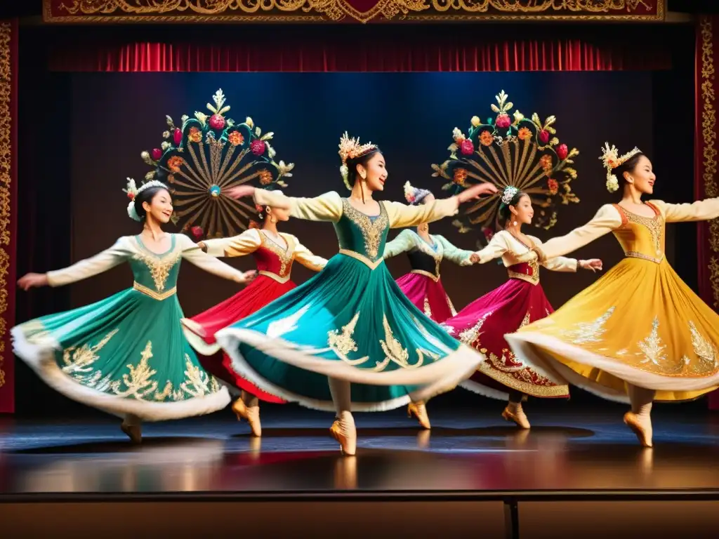 Cuadro de bailes típicos: Impactante actuación de danza tradicional en un teatro oscuro, con trajes vibrantes y detallados en 8k