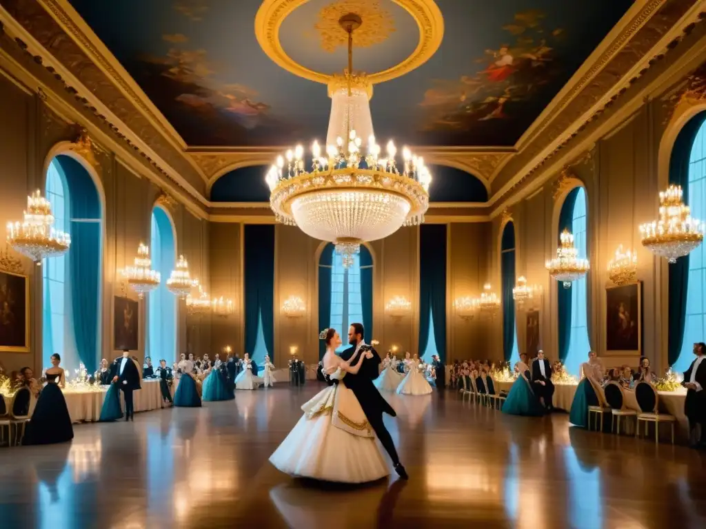 Cuadro detallado 8k de una majestuosa sala de baile en la corte real francesa durante el minueto, con elegancia y sofisticación