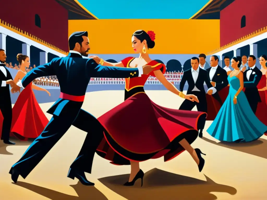 Cuadro detallado del origen y evolución del paso doble, fusionando una escena histórica de corrida de toros con una pista de baile vibrante y elegante