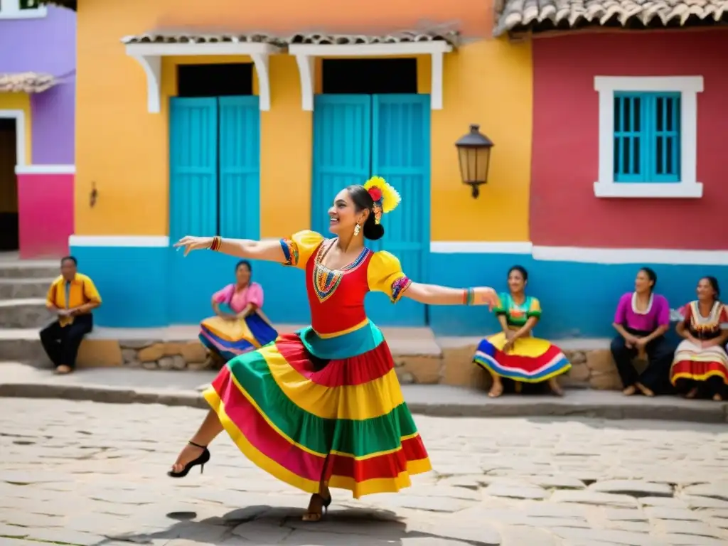 Cuadros y lienzos de bailes típicos: Fotografía de baile tradicional latinoamericano en plaza del pueblo, con trajes vibrantes y expresiones alegres