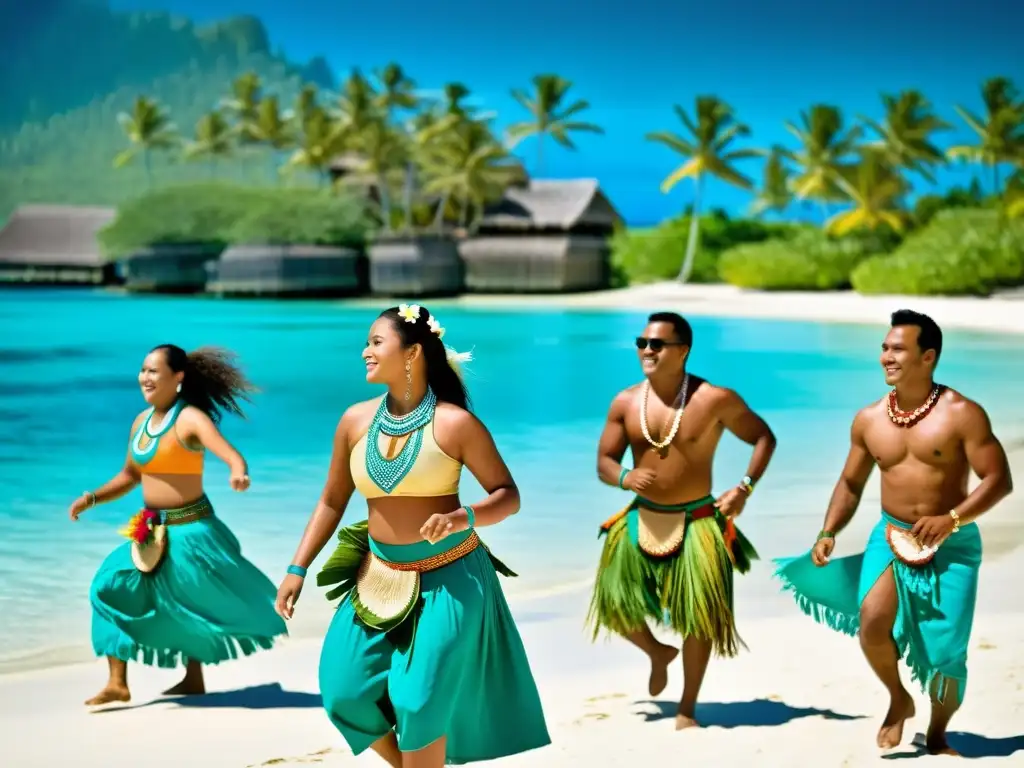 Fusión cultural danza Islas Marshall: Grupo de bailarines con trajes tradicionales Marshallese, danzando con gracia en una playa paradisíaca