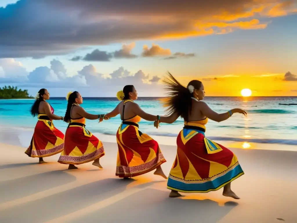 Fusión cultural danza Islas Marshall: Baile tradicional al atardecer en la playa, con trajes vibrantes y movimientos expresivos