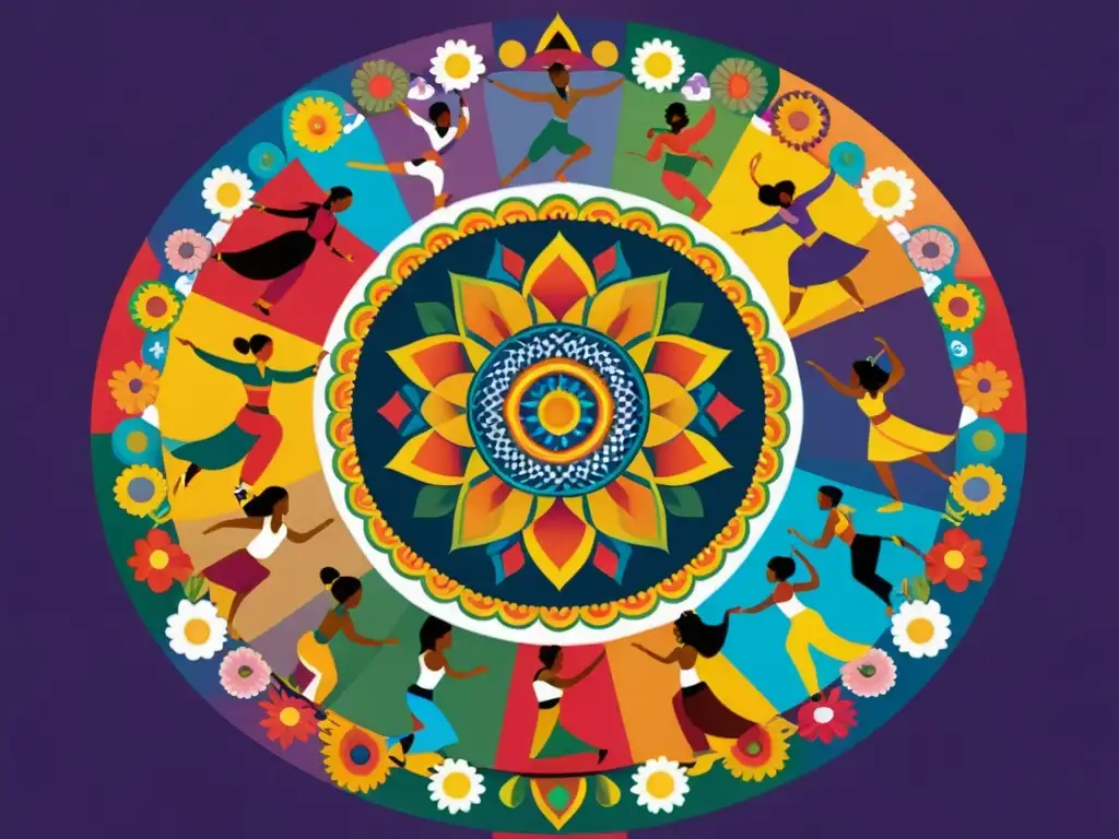 Un mandala cultural con danzas tradicionales de diferentes culturas y un símbolo de significado cultural en el centro