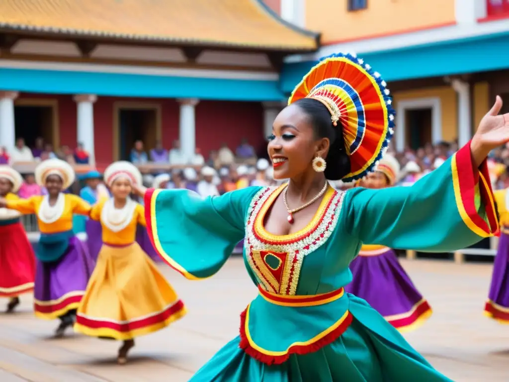 Viva representación cultural de danzas tradicionales en plaza bulliciosa y colorida, con espectadores de todas las edades y orígenes, disfrutando del vibrante espectáculo