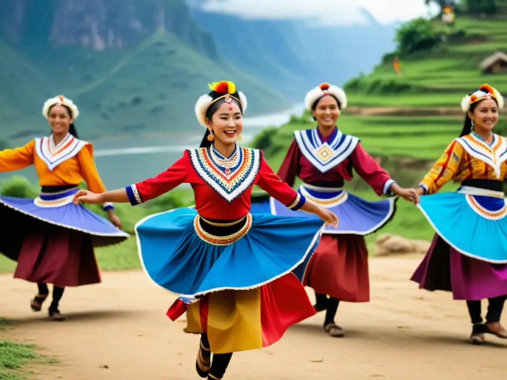 Danza tradicional: Movimientos fluidos y colores vibrantes en la aldea Representación cultural respetuosa en documentales de danza: Baile tradicional en remota aldea, expresión auténtica de identidad y pasión