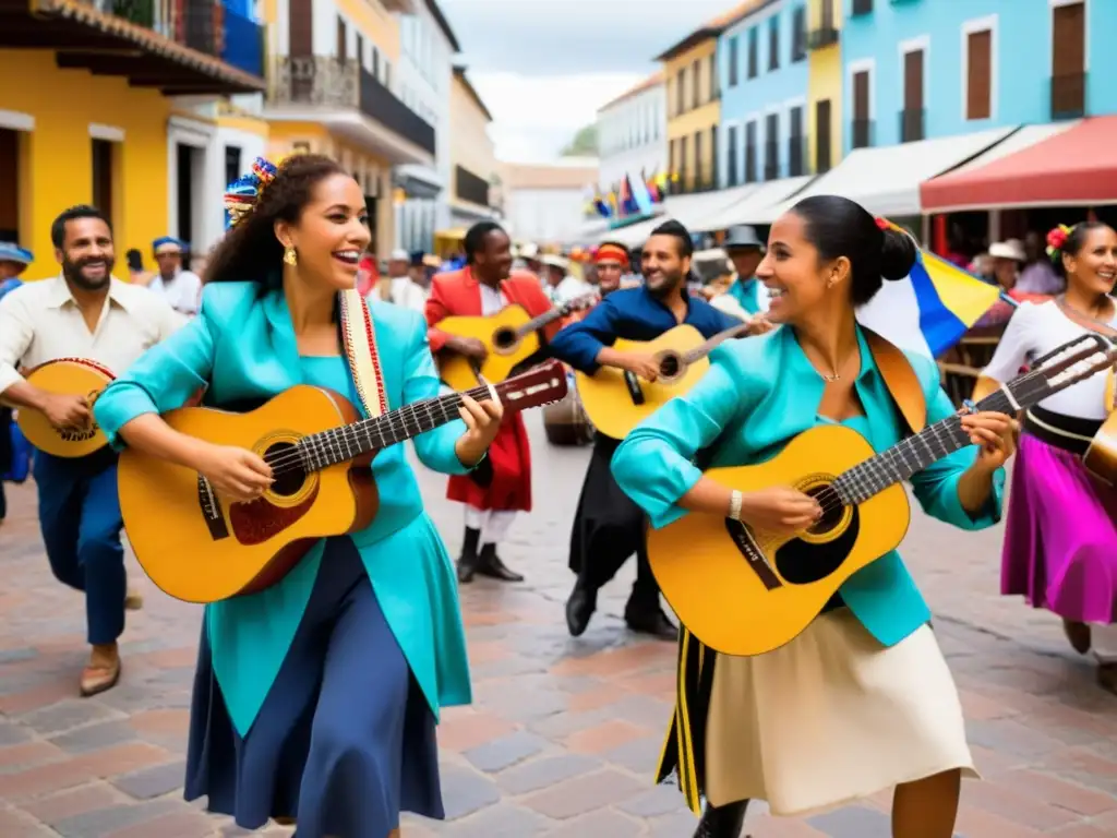 Fusión cultural de la Zamba argentina con raíces europeas y africanas: músicos, bailarines y multitud vibrante en la plaza