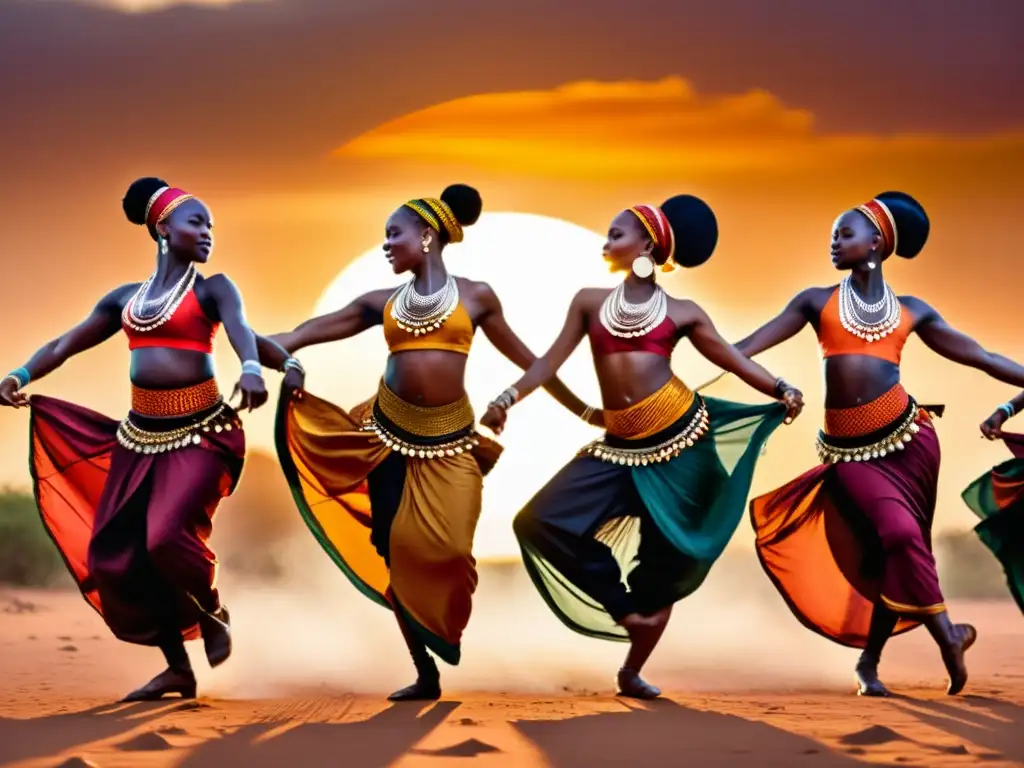 Cursos de danza africana online: Grupo de bailarines africanos en vibrante actuación al atardecer, expresando energía y pasión