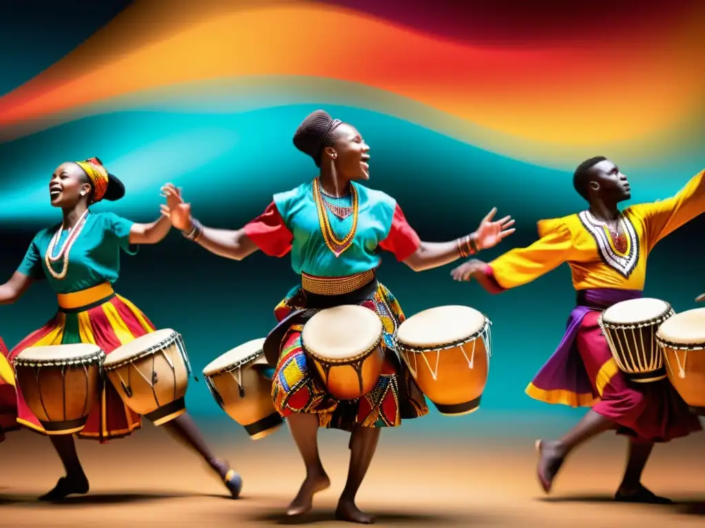 Cursos de danza africana online: Vibrante actuación de danza y música tradicional africana, con coloridos trajes y movimientos dinámicos