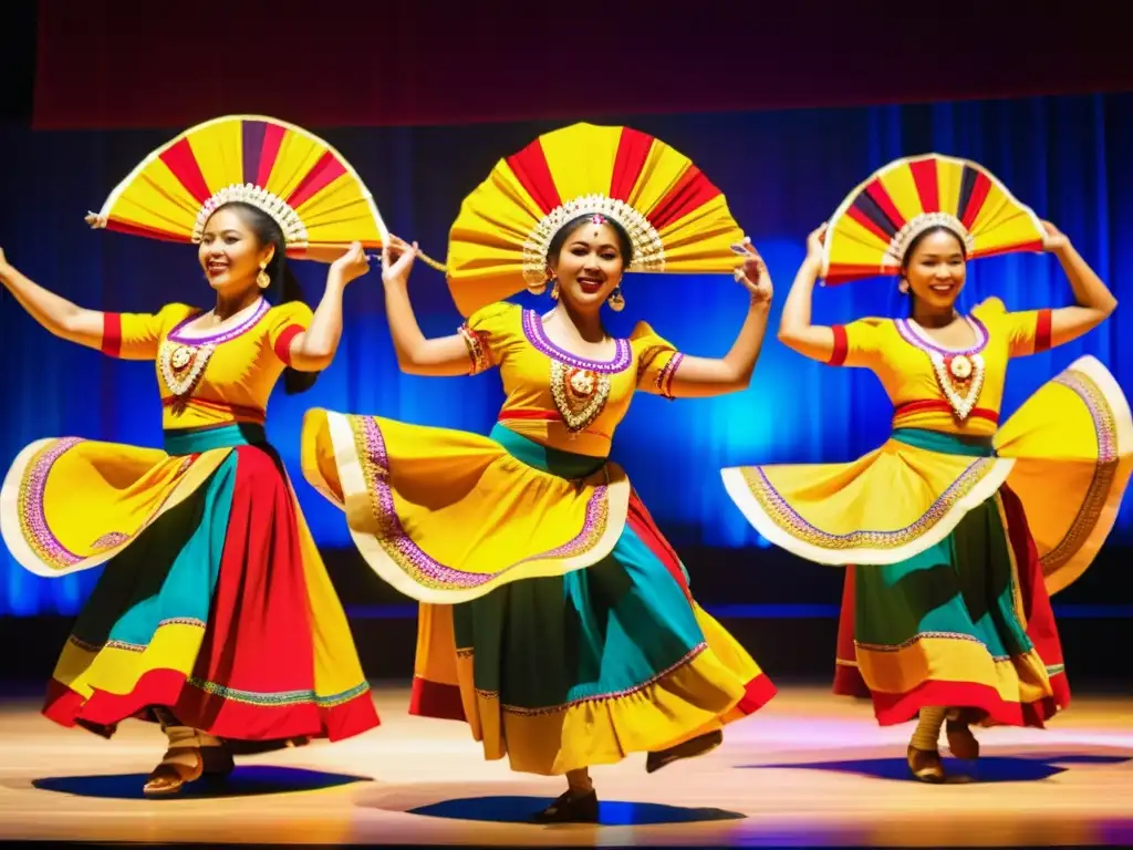 Baile tradicional lleno de energía y color Cursos online de danza tradicional: Grupo de bailarines en vibrantes trajes tradicionales, expresando pasión y energía en el escenario