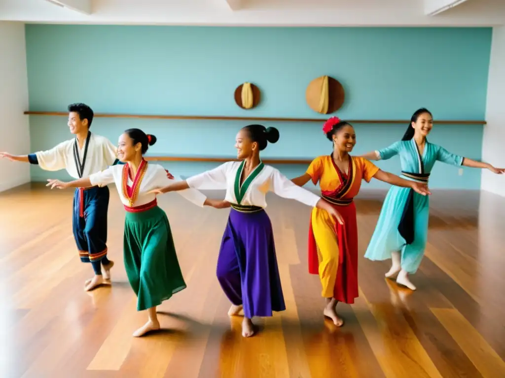 Cursos online danza tradicional en vivo: Estudiantes practican baile tradicional con instructor en estudio luminoso