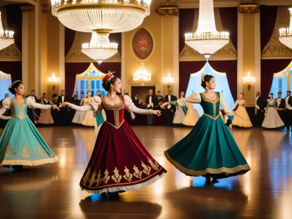 Cursos online de danzas históricas: Baile en trajes tradicionales en elegante salón con candelabros y tapices