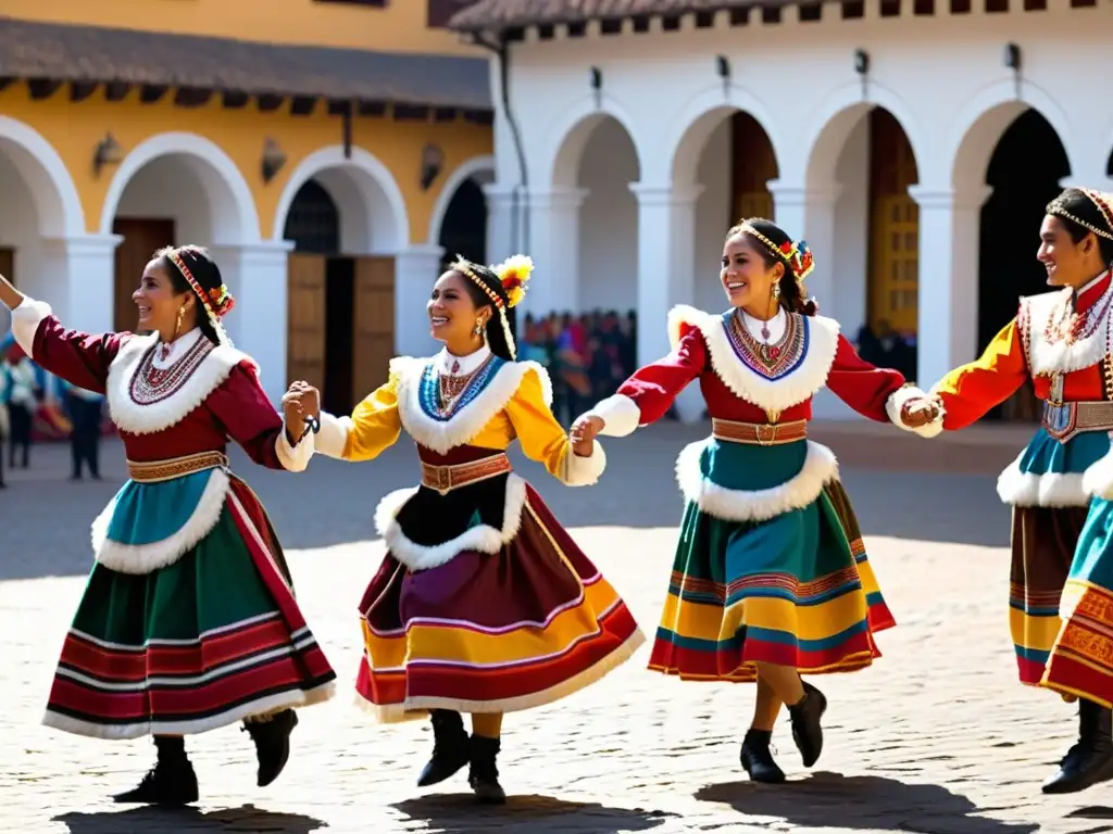 Cursos online danzas tradicionales Andes: Grupo de bailarines andinos en trajes vibrantes ejecutan danza tradicional en plaza colonial soleada