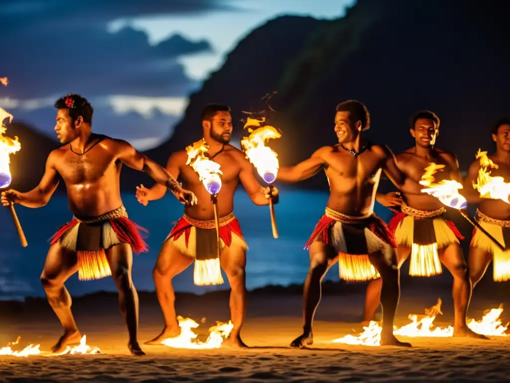 Fijian dancers performing the mesmerizing Fire Dance, con trajes tradicionales iluminados por llamas