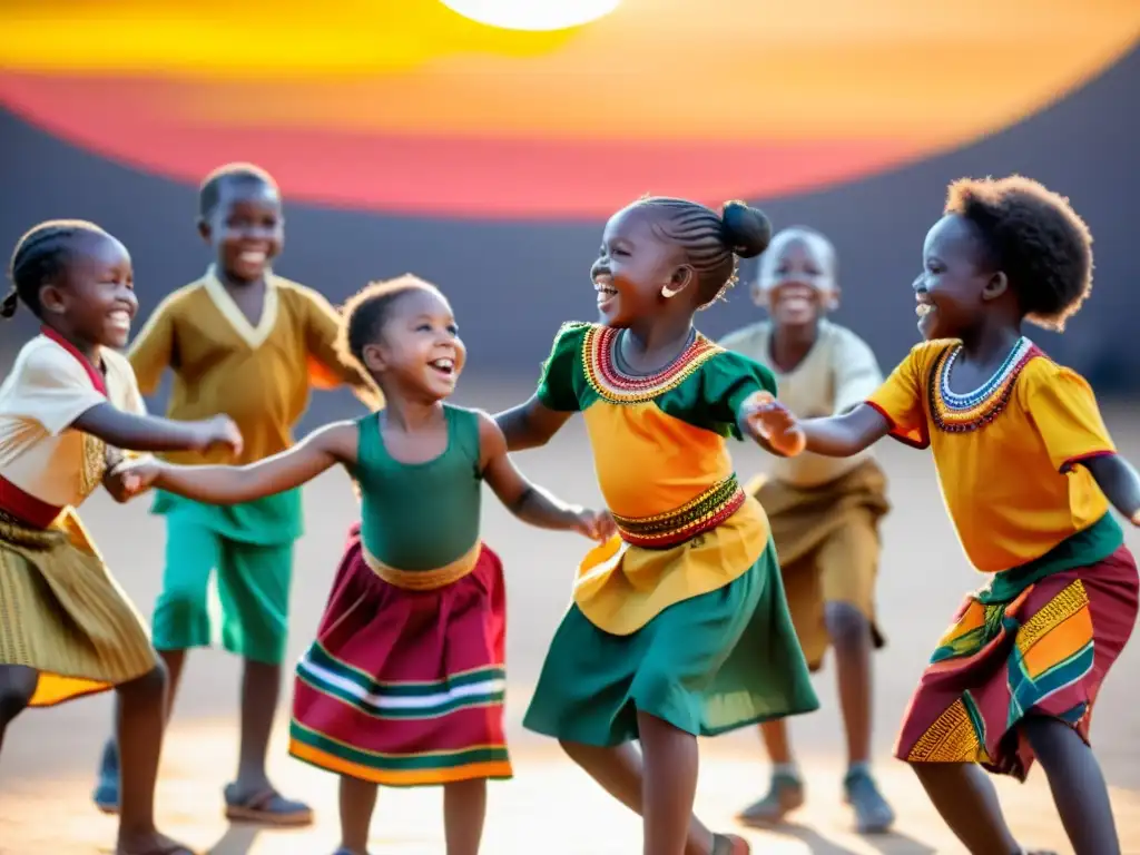 Danza africana para niños: Grupo alegre de niños bailando con trajes tradicionales bajo el sol, guiados por un instructor sonriente