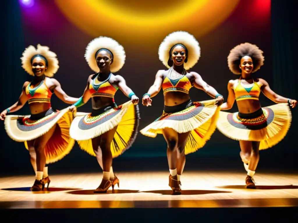 Sincronía de música y danza africana: Grupo de bailarines africanos con trajes tradicionales en una presentación dinámica y colorida