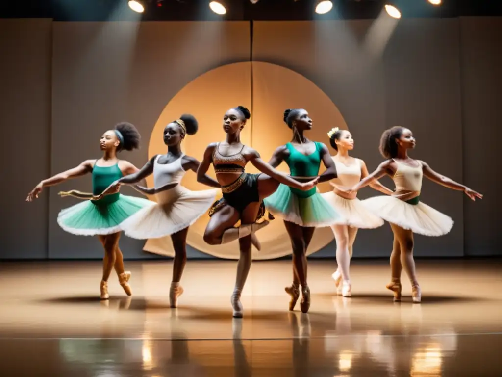 Fusión de danza africana y ballet: grupo de bailarines unidos en círculo, combinando energía y fluidez de ambos estilos en tonos cálidos