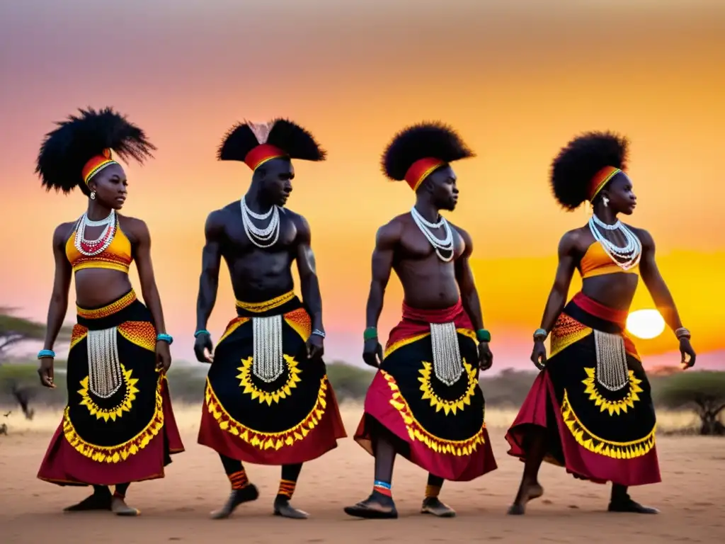 Danza africana competiciones internacionales: Grupo de bailarines africanos con vestimenta tradicional, ejecutando una rutina enérgica al atardecer, entre acacias siluetadas