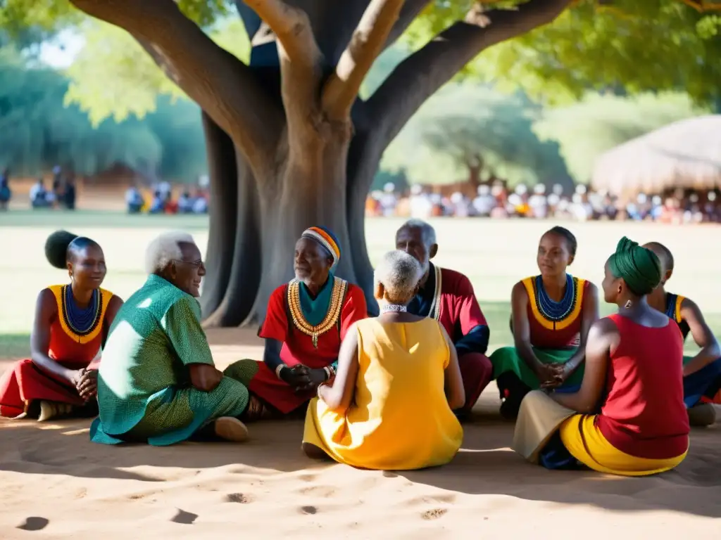 Transmisión oral en la danza africana: Sabiduría y enseñanzas ancestrales compartidas entre bailarines jóvenes y mayores bajo un árbol africano