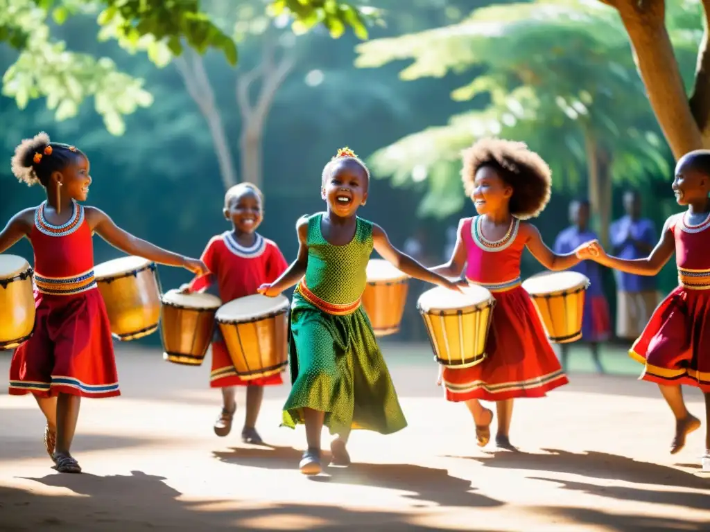 Danza africana para niños: un grupo de niños viste trajes vibrantes y baila al ritmo de tambores tradicionales bajo la luz del sol entre los árboles