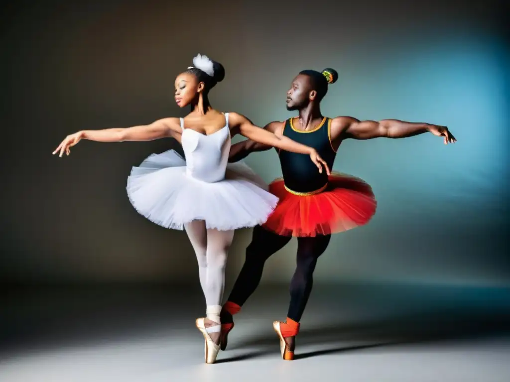 Fusión de danza africana y ballet: Imagen de una bailarina de ballet y una bailarina africana en un abrazo, fusionando estilos y culturas