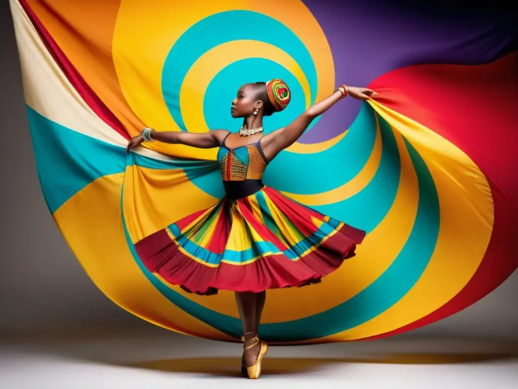 Fusión de danza africana y ballet: Intensa actuación con vestuario vibrante y elegante, reflejando la fusión cultural