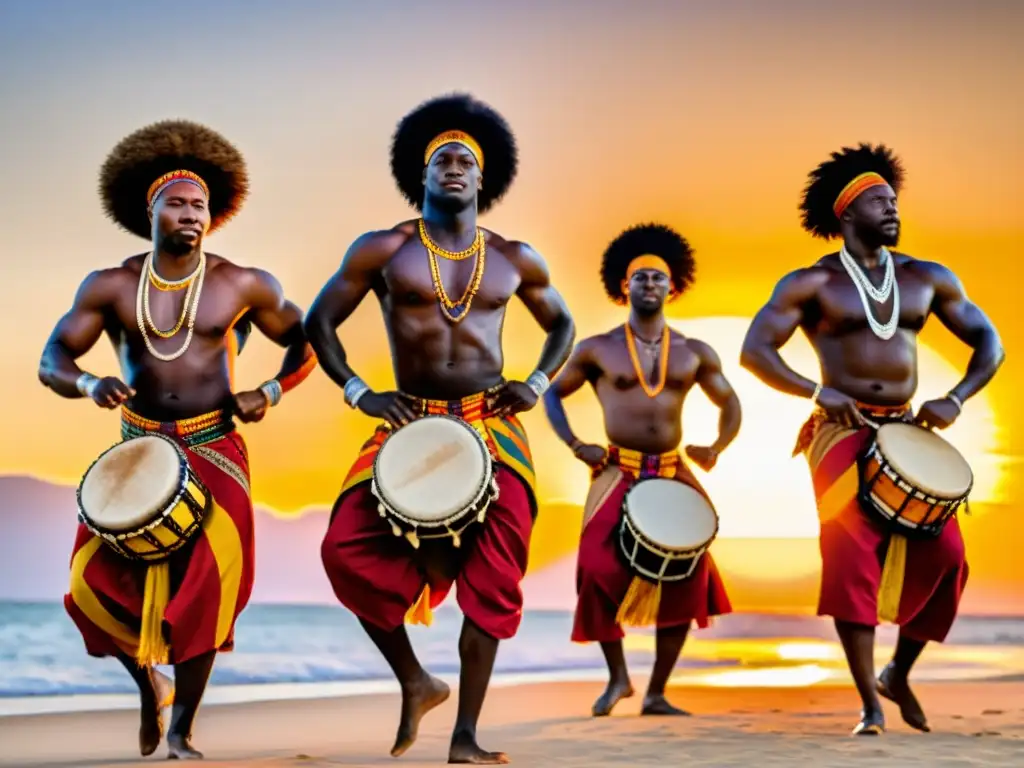 Danza africana ritmos ancestrales: Grupo de bailarines africanos en coloridos trajes tradicionales, moviéndose al ritmo de tambores en el atardecer africano