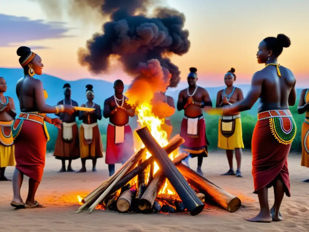 Danza africana tradicional alrededor del fuego, con colores vibrantes y energía sanadora en la atmósfera nocturna