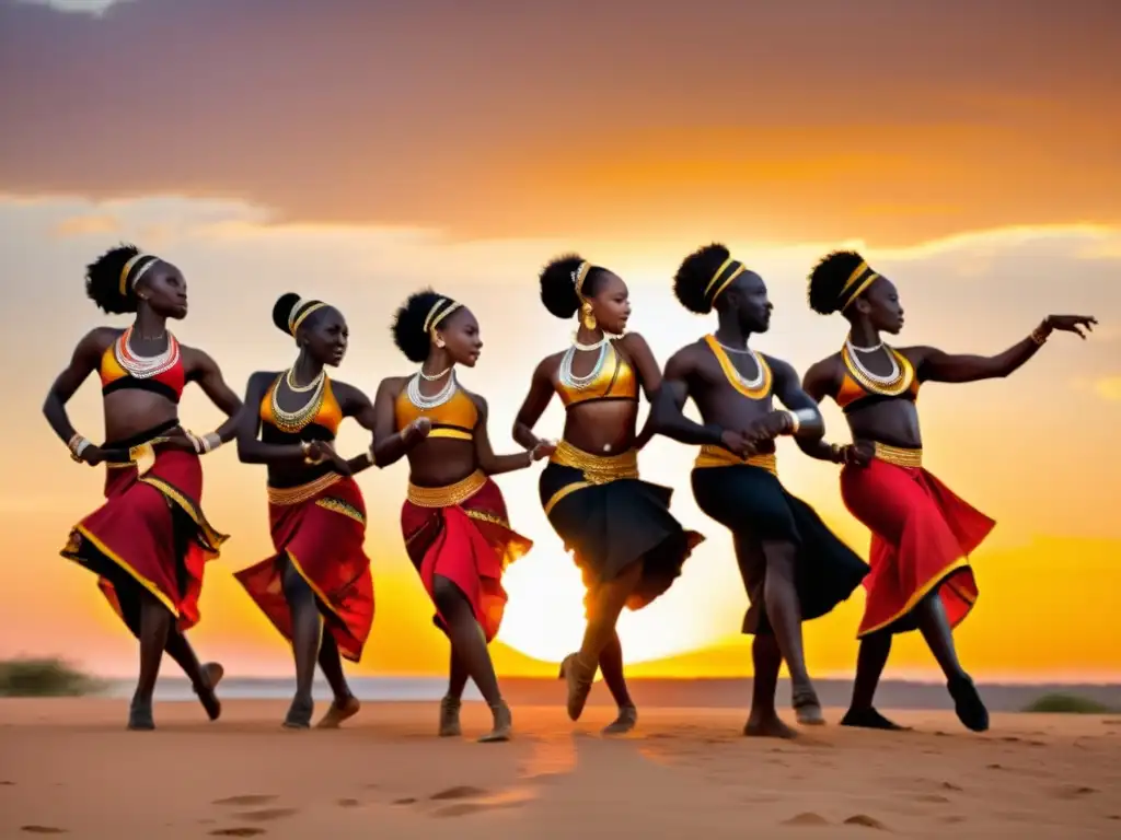 Sincronía y danza africana vibrante al atardecer, expresando la rica herencia cultural y esencia rítmica de África