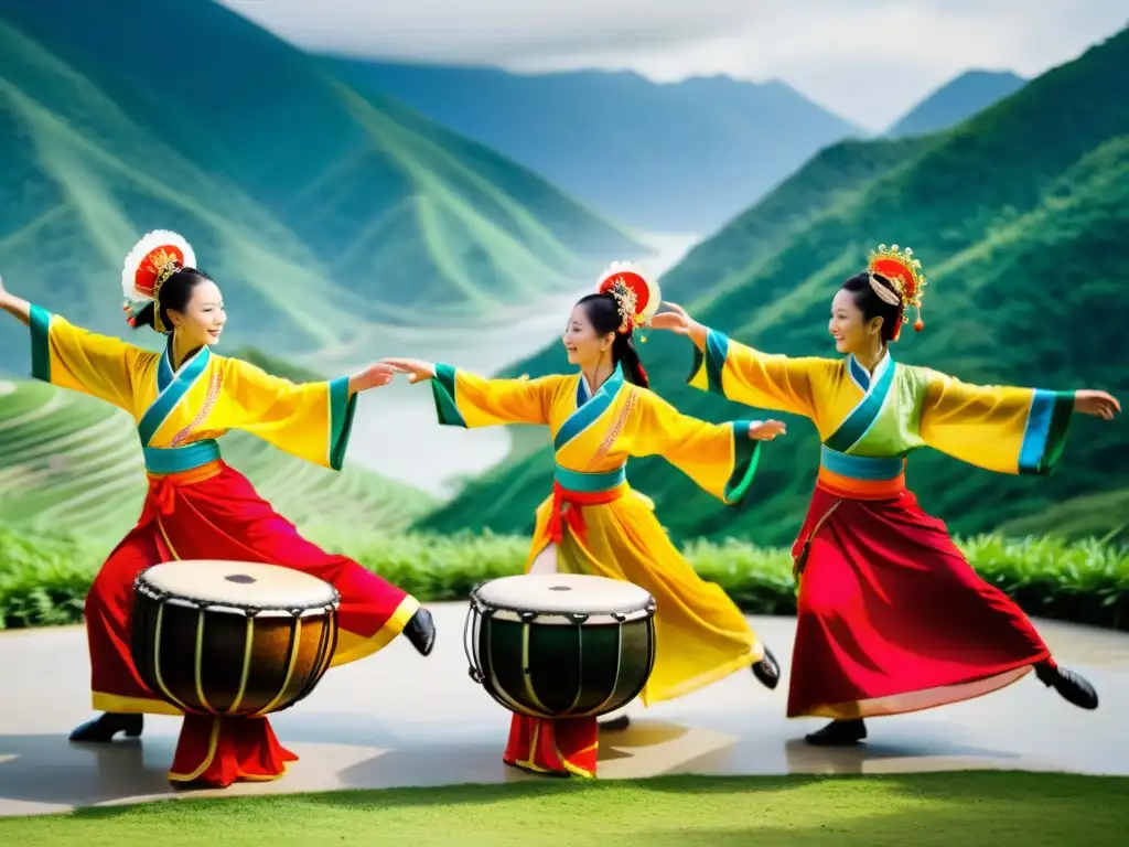 Danza del Tambor de Agua China: Bailarines en trajes tradicionales, golpean tambores de agua bajo el cielo abierto, creando un espectáculo de ritmo y color